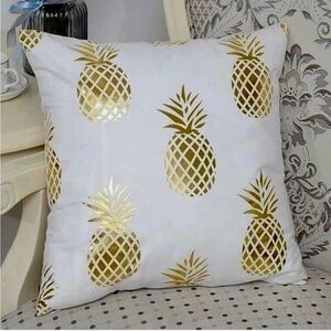 🥳 5/$25 Throw Pillow Case/Cover Metallic Gold‎ Foil Pineapple on White 17”x17”